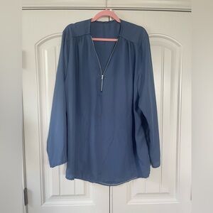 Blue Oversized Long Sleeve Mandarin Collar Blouse
